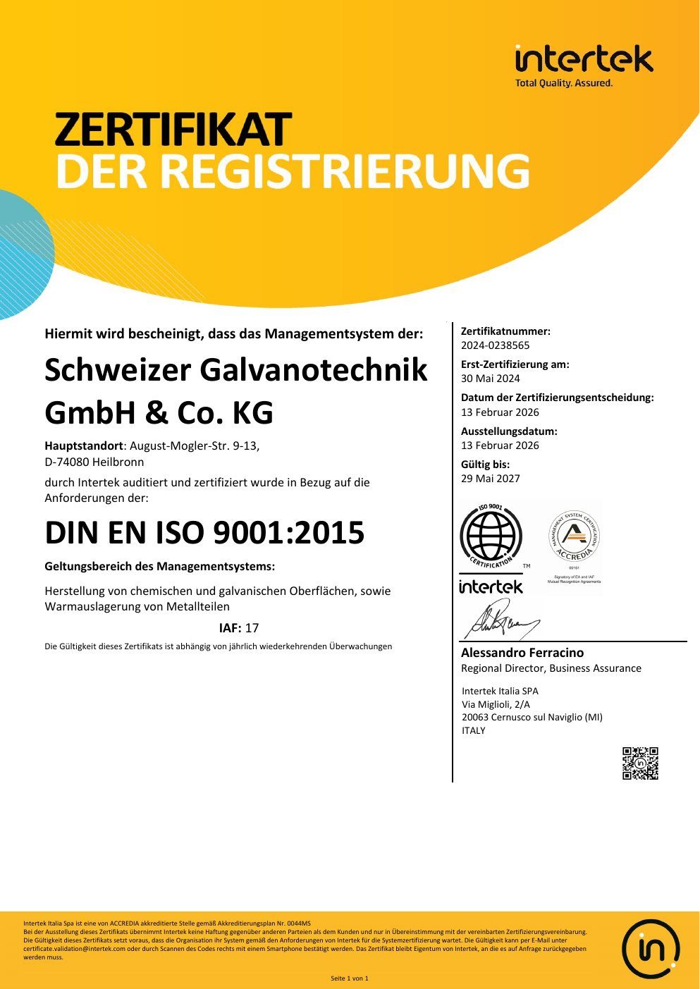 Zertifikat DIN EN ISO 9001:2015 der Schweizer Galvanotechnic GmbH & Co. KG, ausgestellt von Intertek